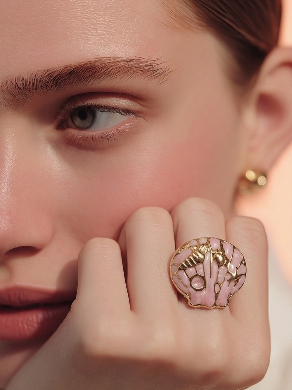Women’s Gorgeous Pink & Gold Seashell Statement Adjustable Ring Size 6-9